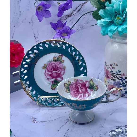 Royal Halsey Other - Royal Halsey teacup & filigree saucer Lusterware, green, hand painted, beautiful